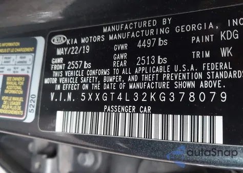 2019 Kia Optima Lx z USA, uszkodzony, nr VIN 5XXGT4L32KG378079